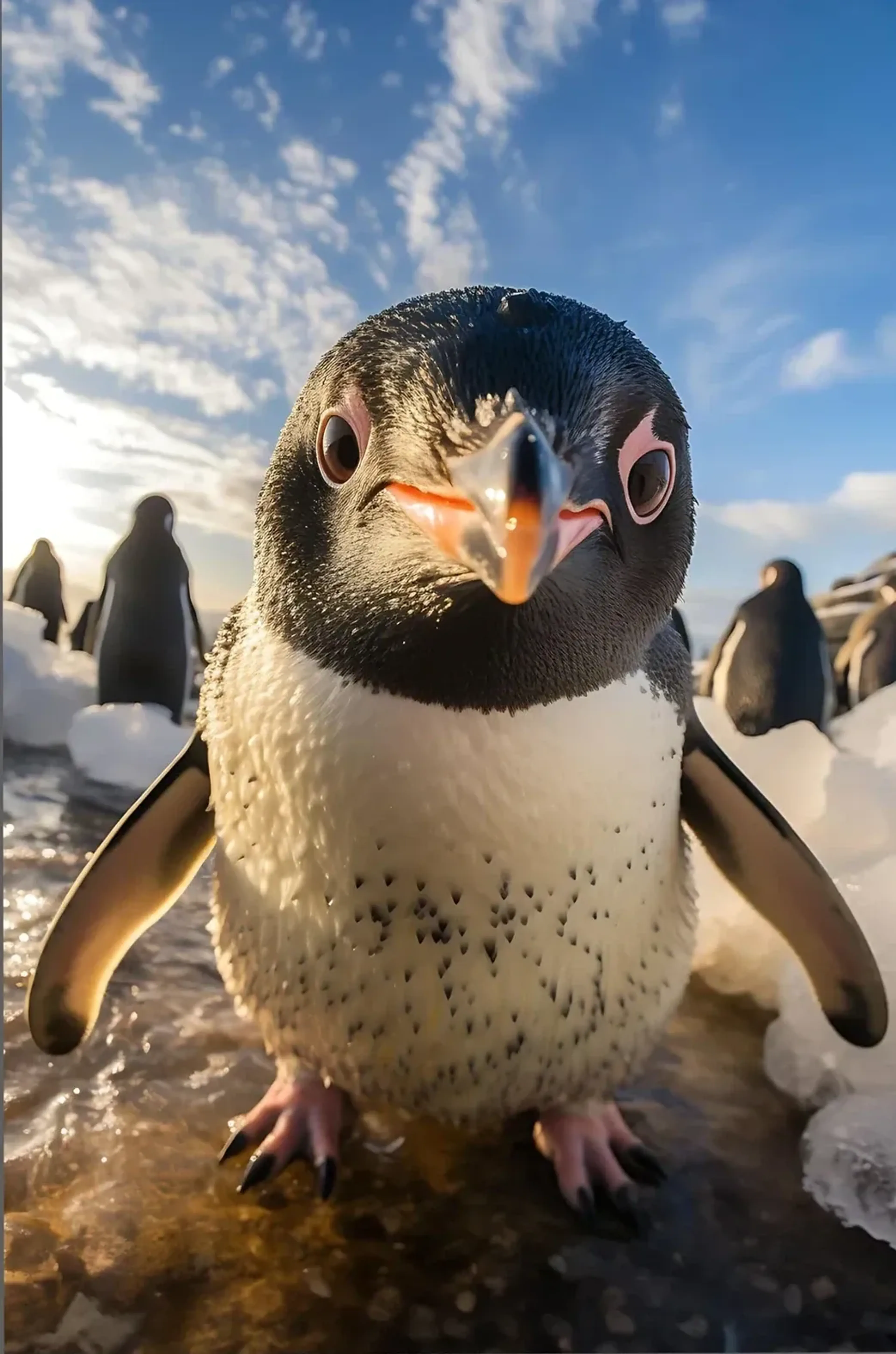 Ein Pinguin steht frontal mit ausgestreckten Flügeln vor Schnee, Eis und weiteren Pinguinen.