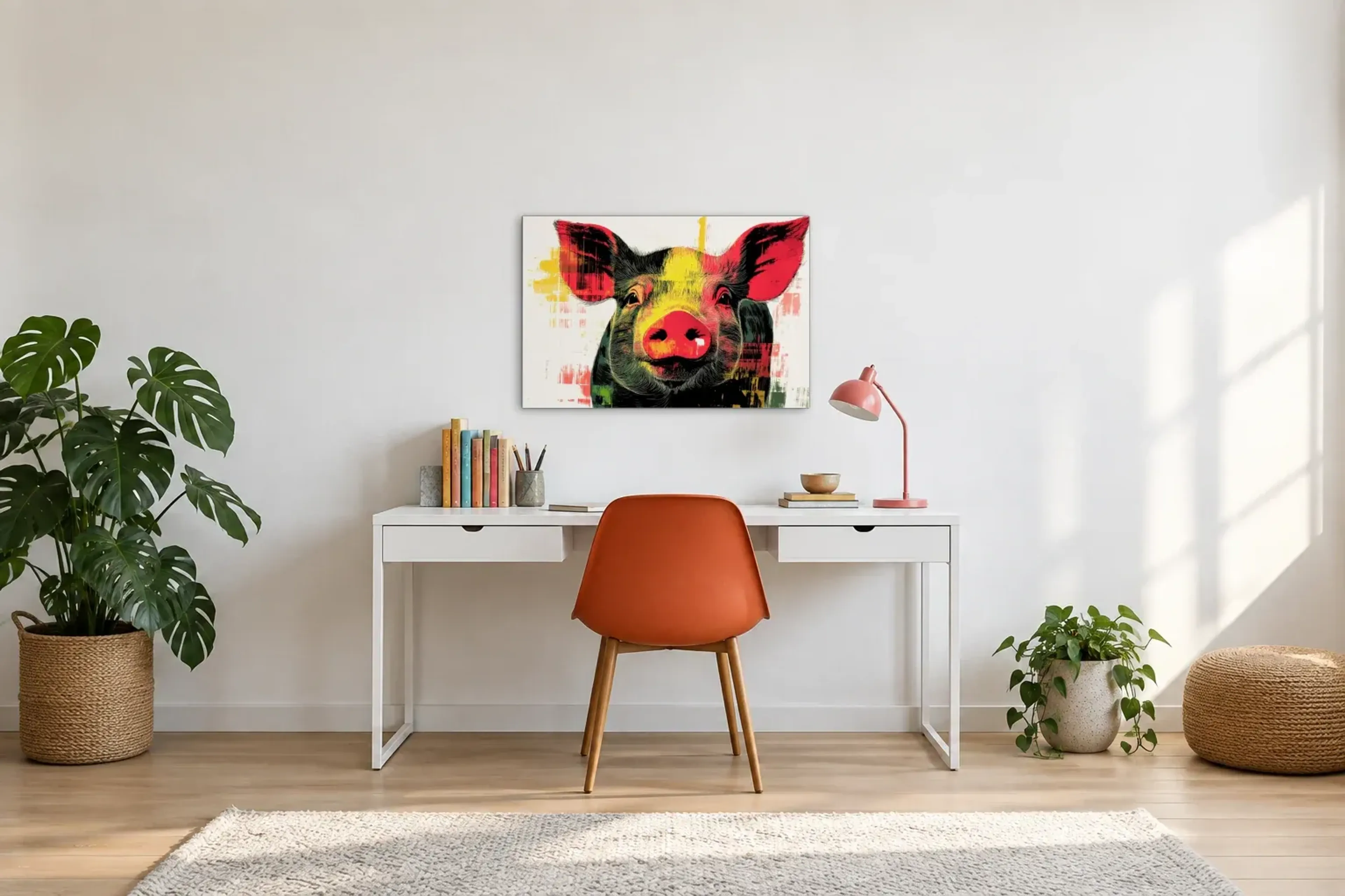 Schwein auf Cremeweiß als Wandbild über einem 140-cm-Schreibtisch