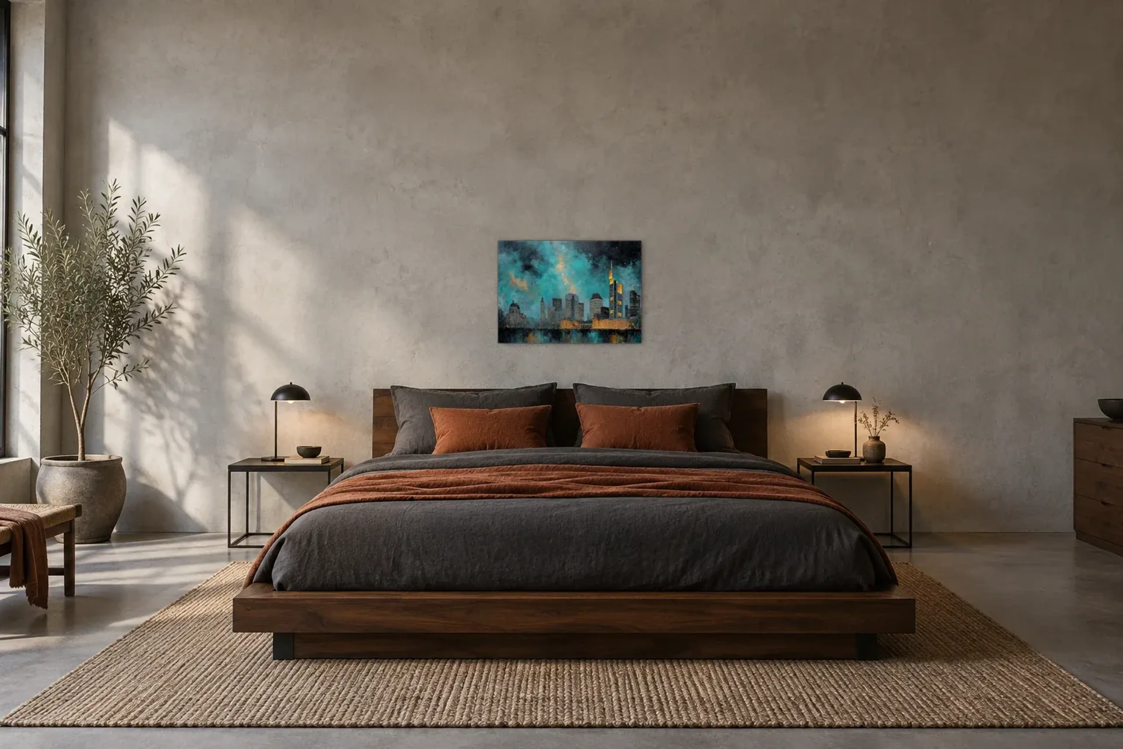 Frankfurt unter türkisfarbenem Himmel als Wandbild über einem 180-cm-Bett