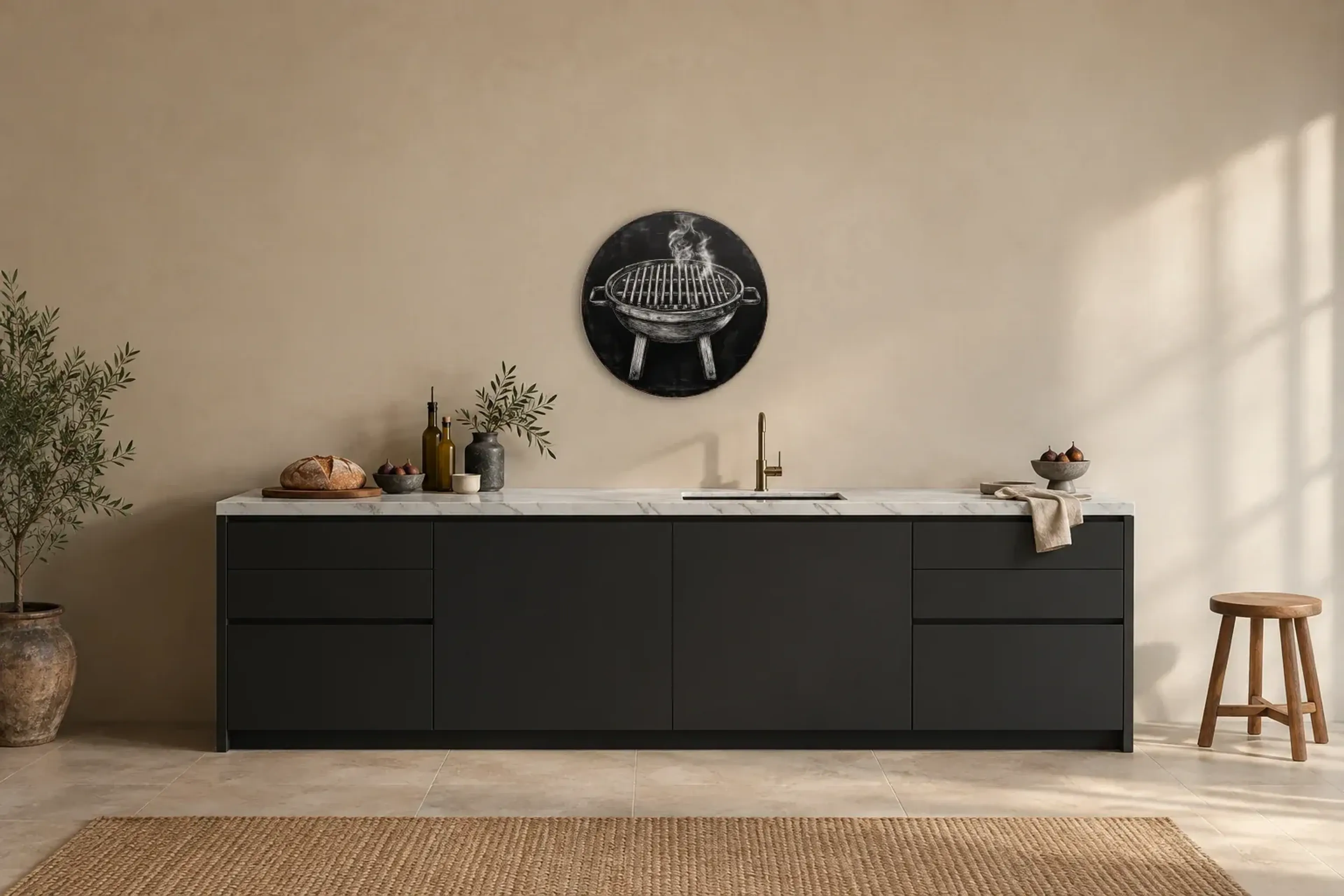 Grill als Wandbild über einer 200-cm-Arbeitsplatte