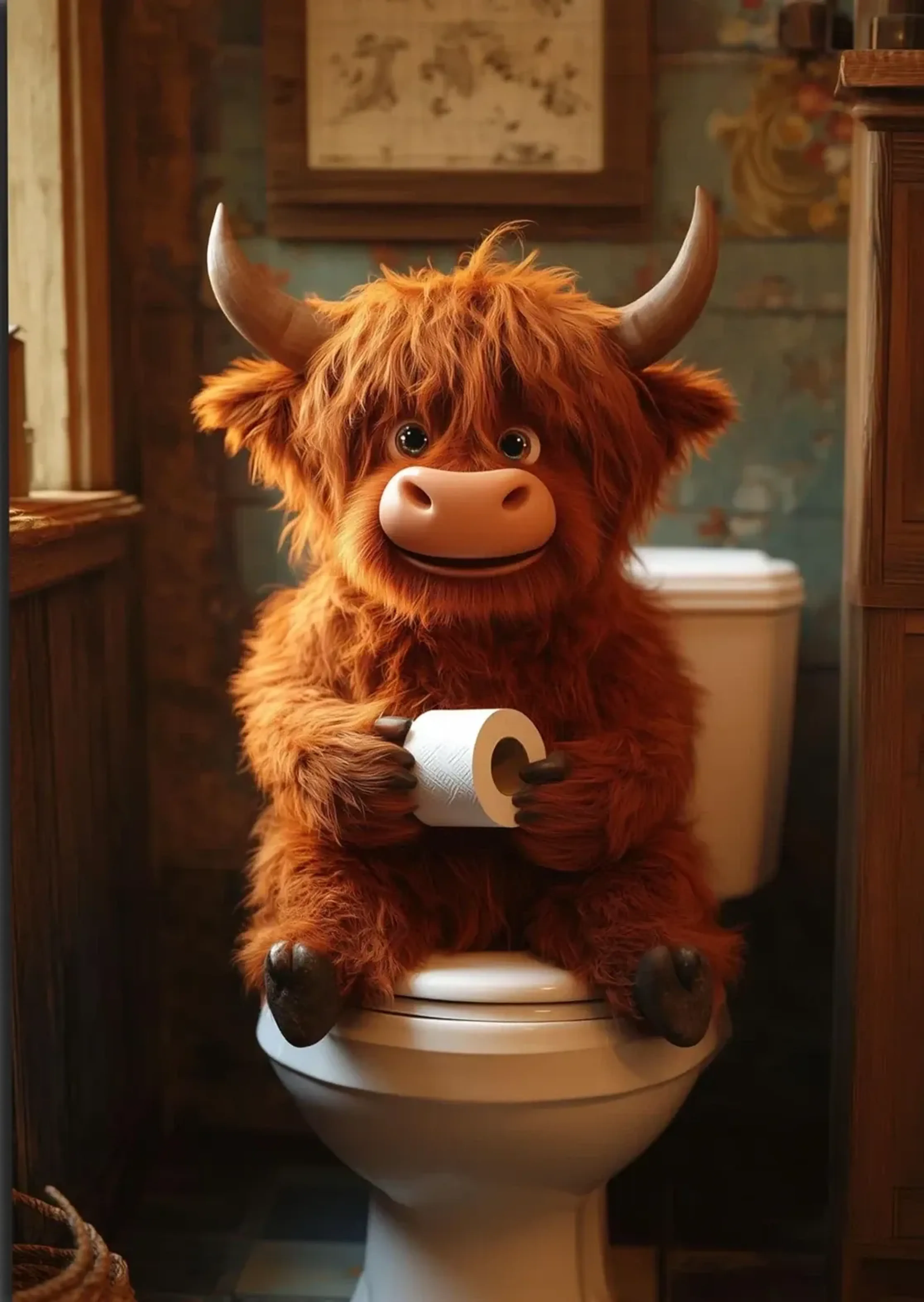 Ein rotbraunes Hochlandrind mit Papierrolle sitzt auf einer Toilette in einem dunklen Bad mit Holzverkleidung.