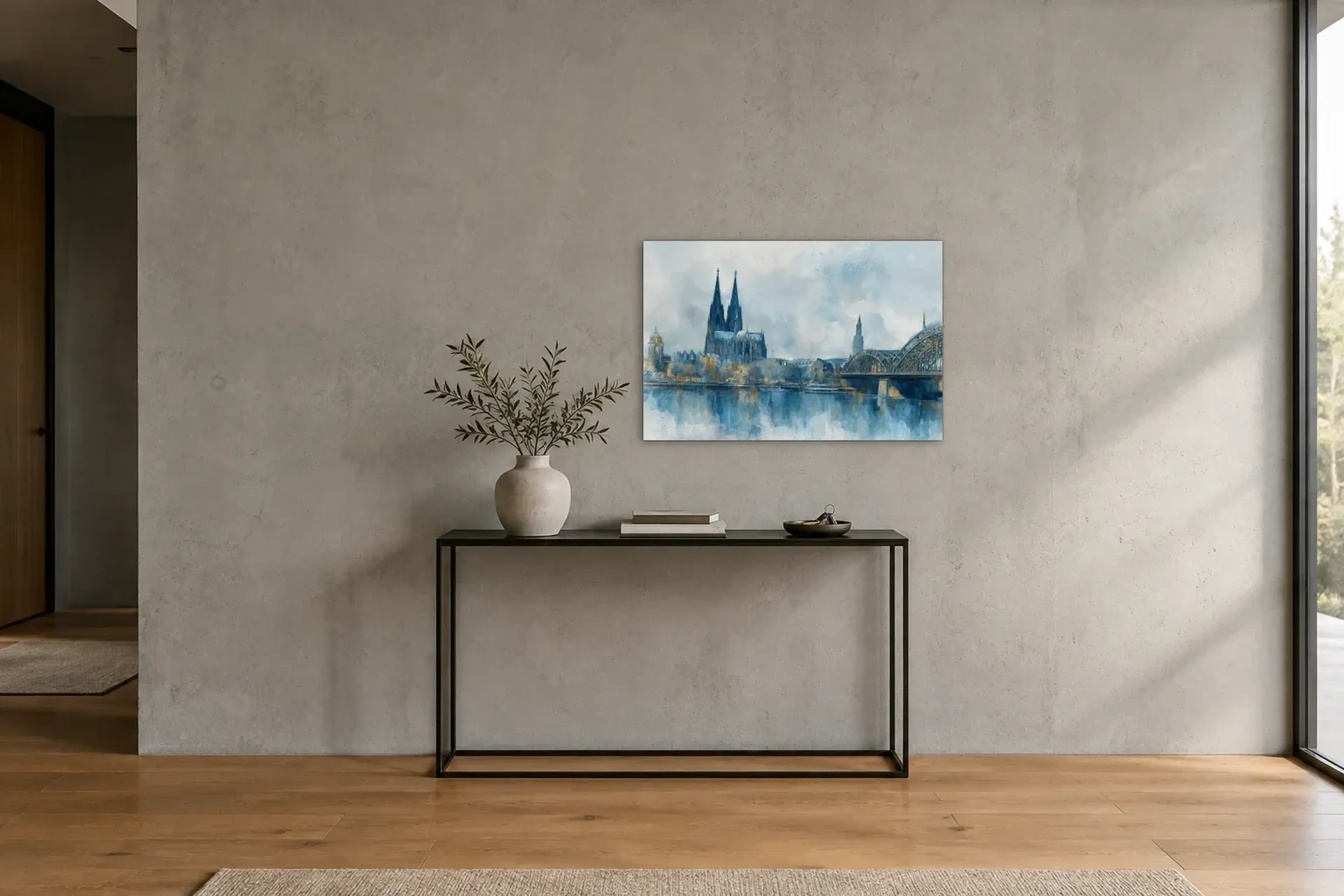 Köln in hellem Blau als Wandbild über einer 120-cm-Konsole
