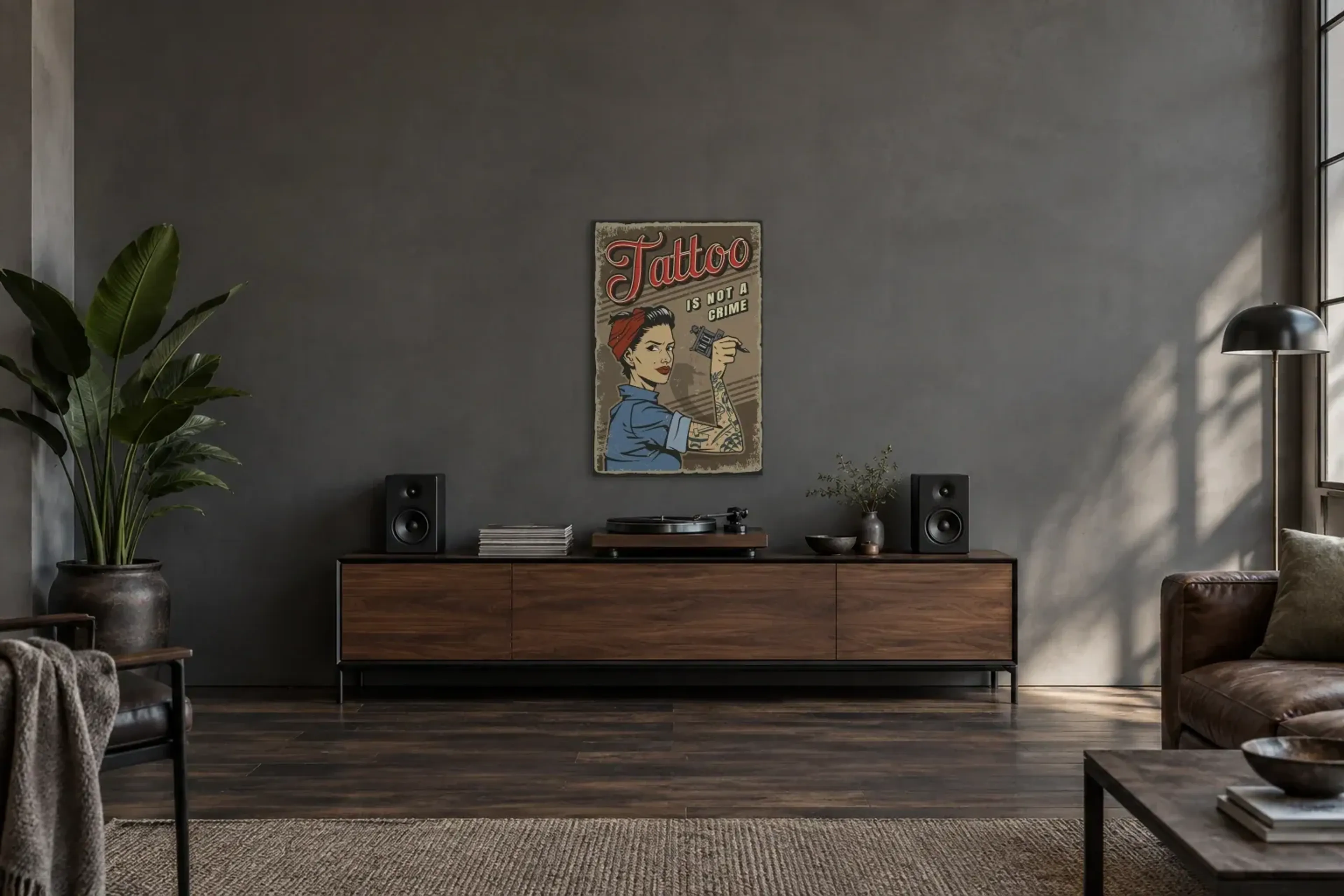Tattoo Statement als Wandbild über einem 200-cm-Sideboard