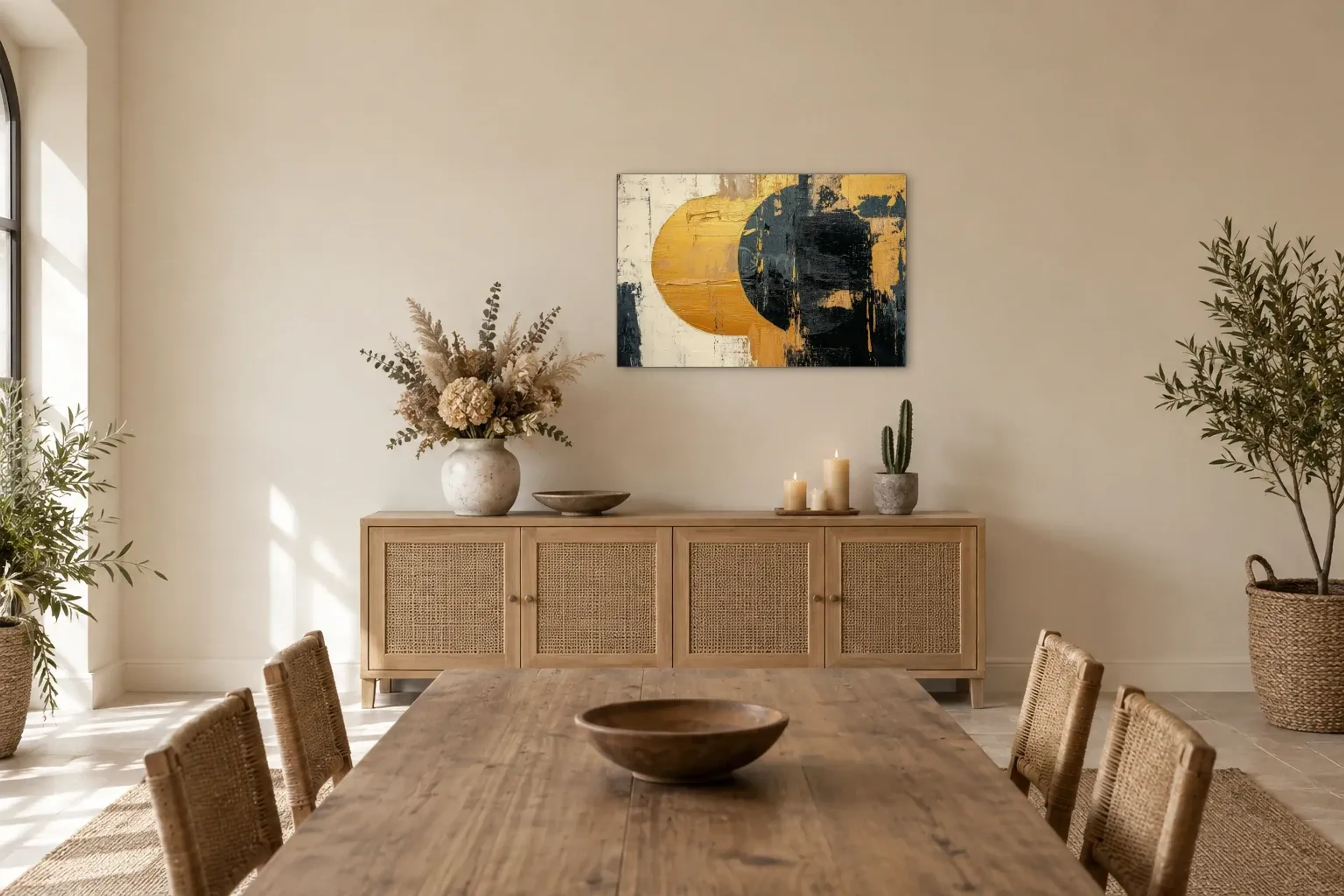 Versetzte Kreise als Wandbild über einem 160-cm-Sideboard