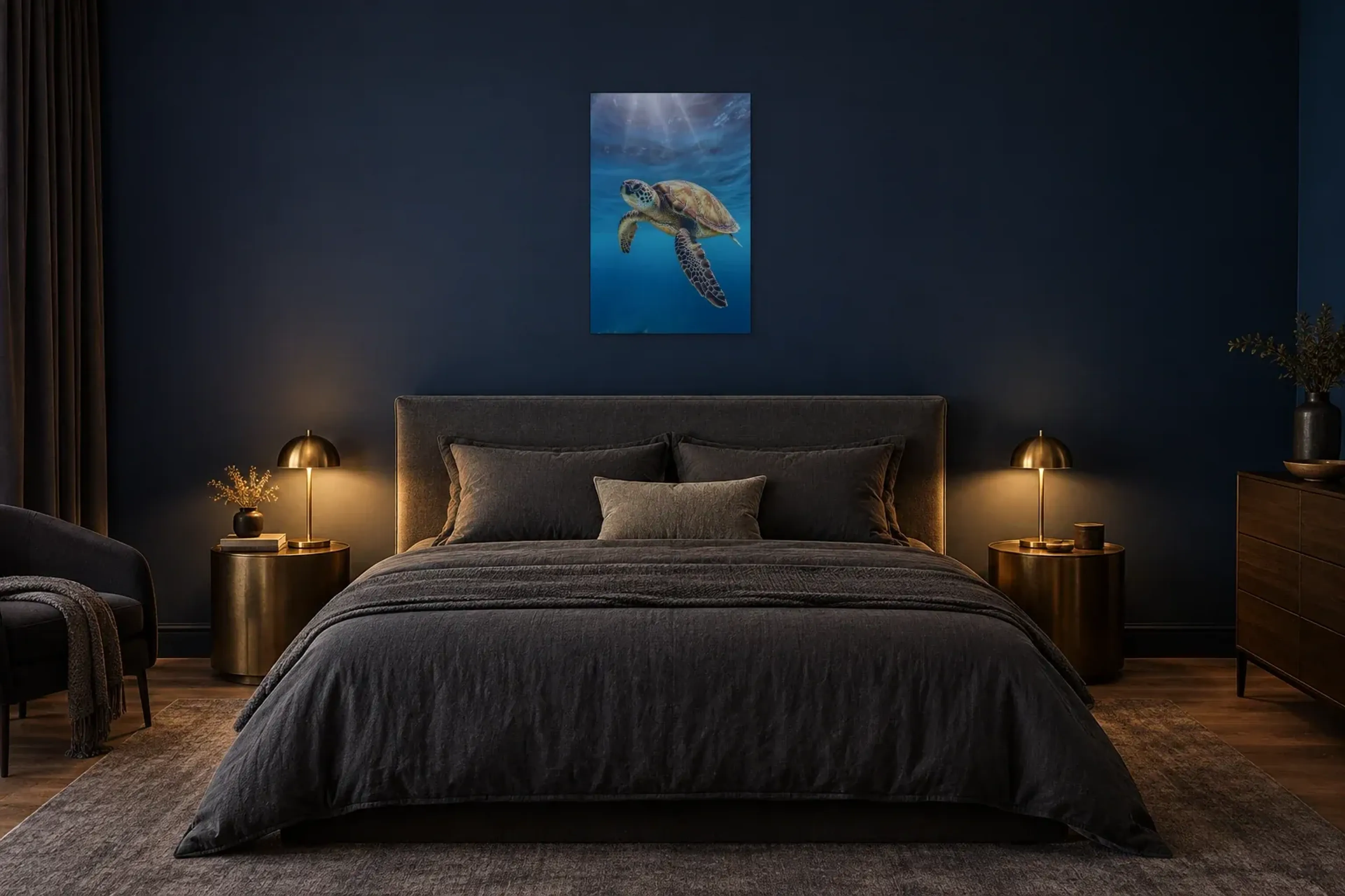 Schildkröte im Sonnenlicht als Wandbild über einem 180-cm-Bett