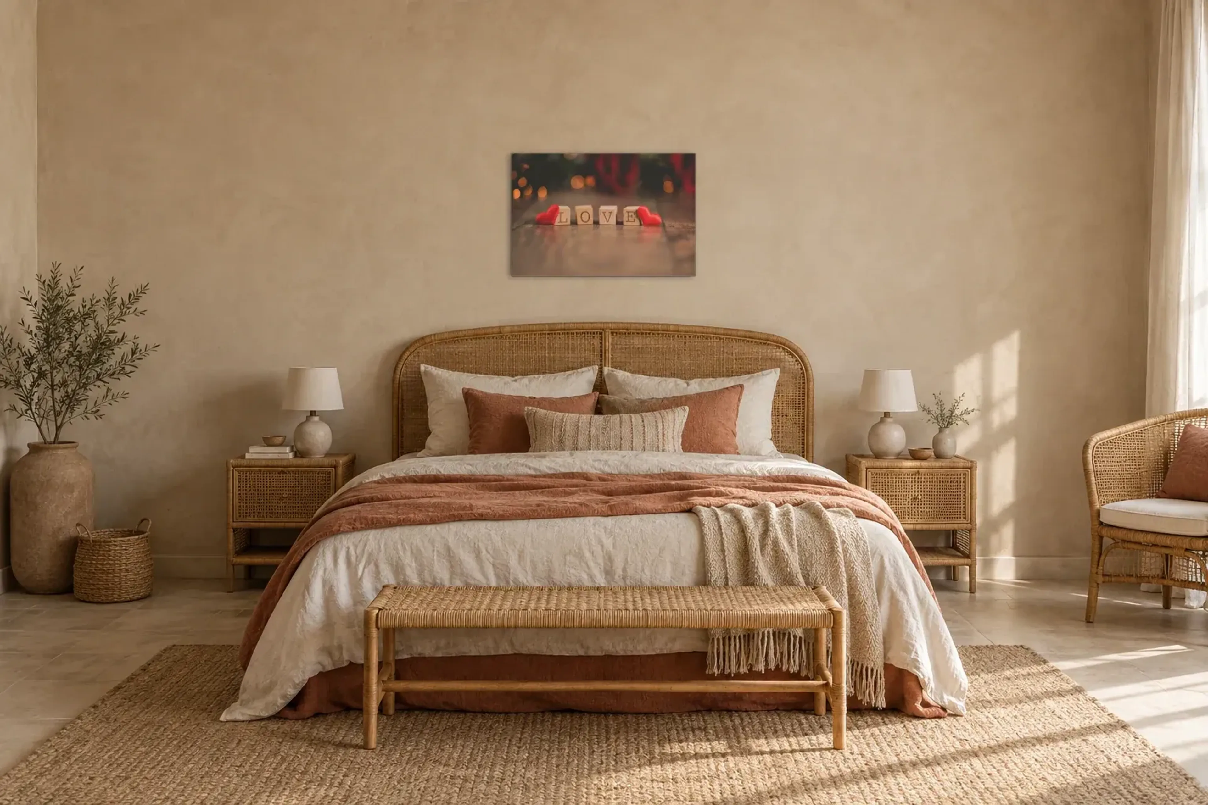 Love mit roten Herzen als Wandbild über einem 180-cm-Bett