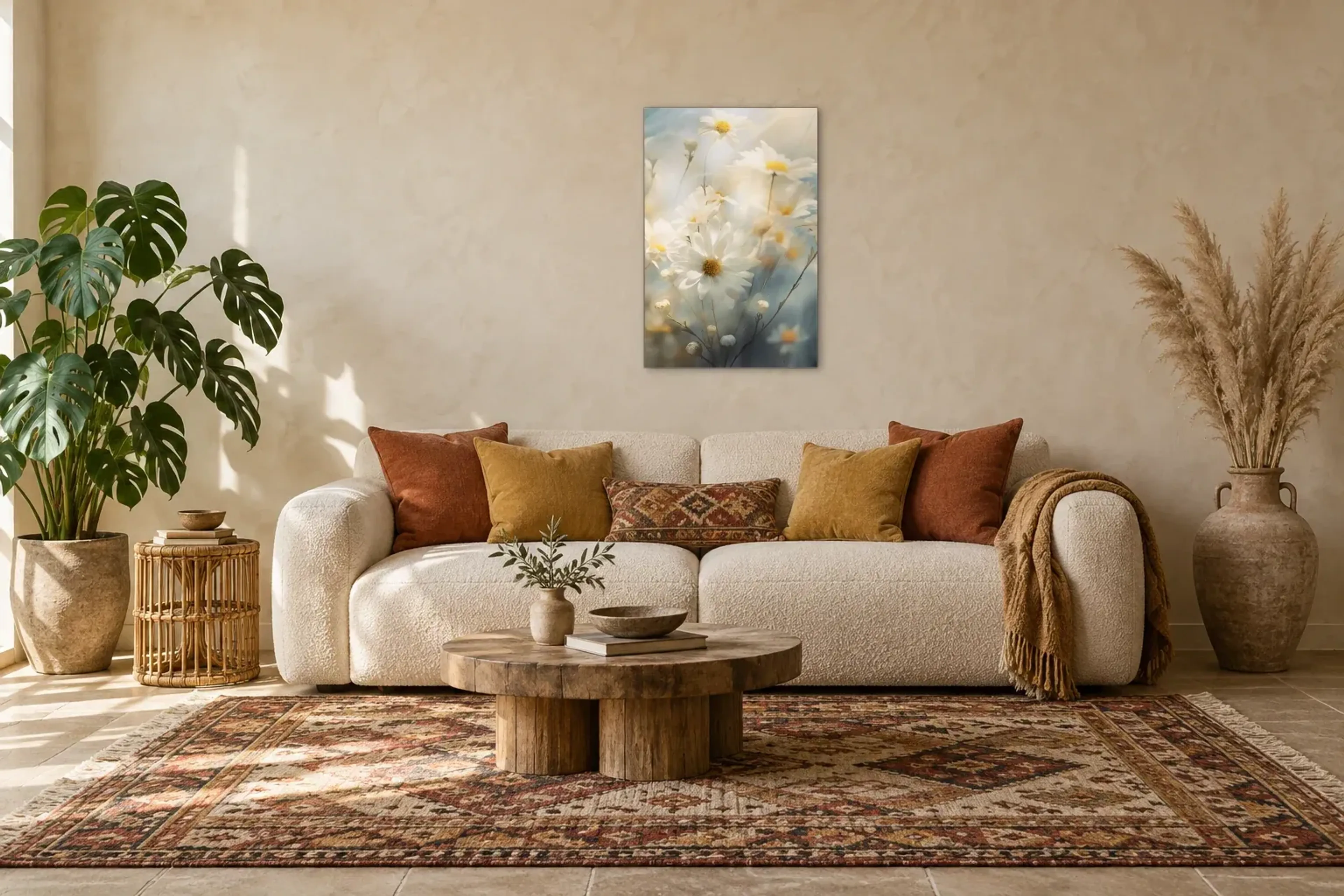 Weiße Blüten im Licht als Wandbild über einem 220-cm-Sofa