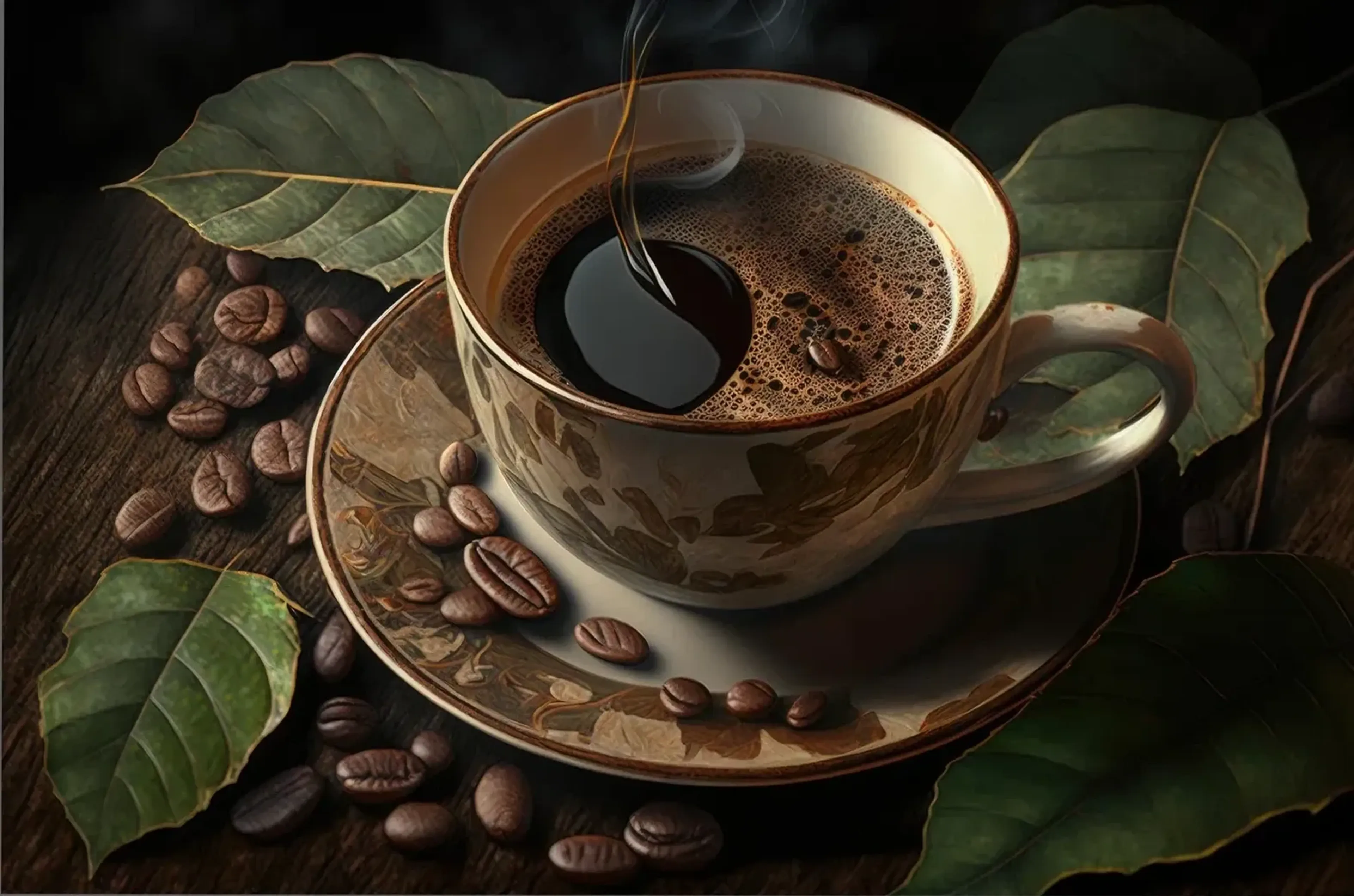 Dampfender Kaffee in einer verzierten Tasse mit Untertasse, umgeben von Bohnen und großen grünen Blättern.