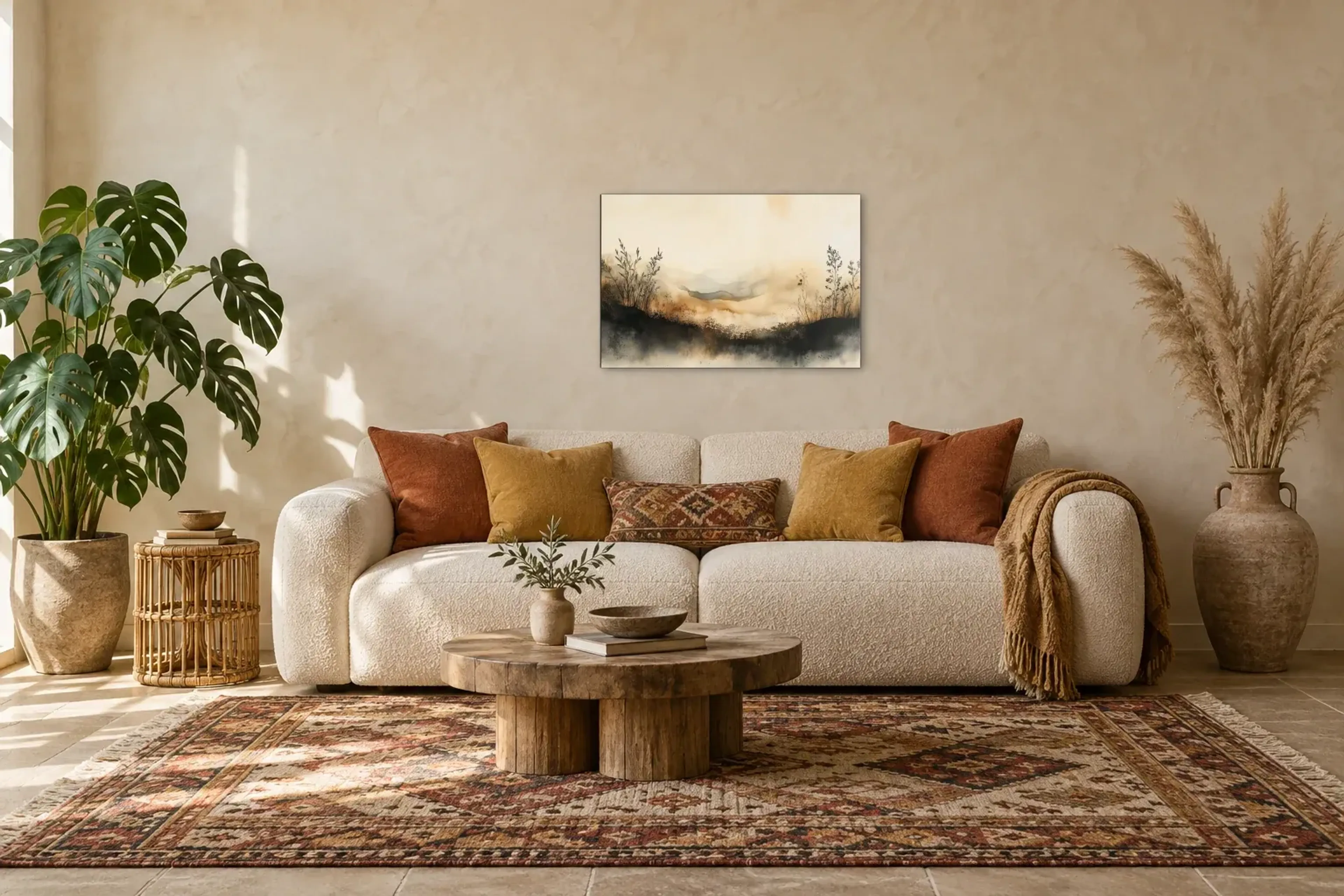 Gräser im Morgenlicht als Wandbild über einem 220-cm-Sofa