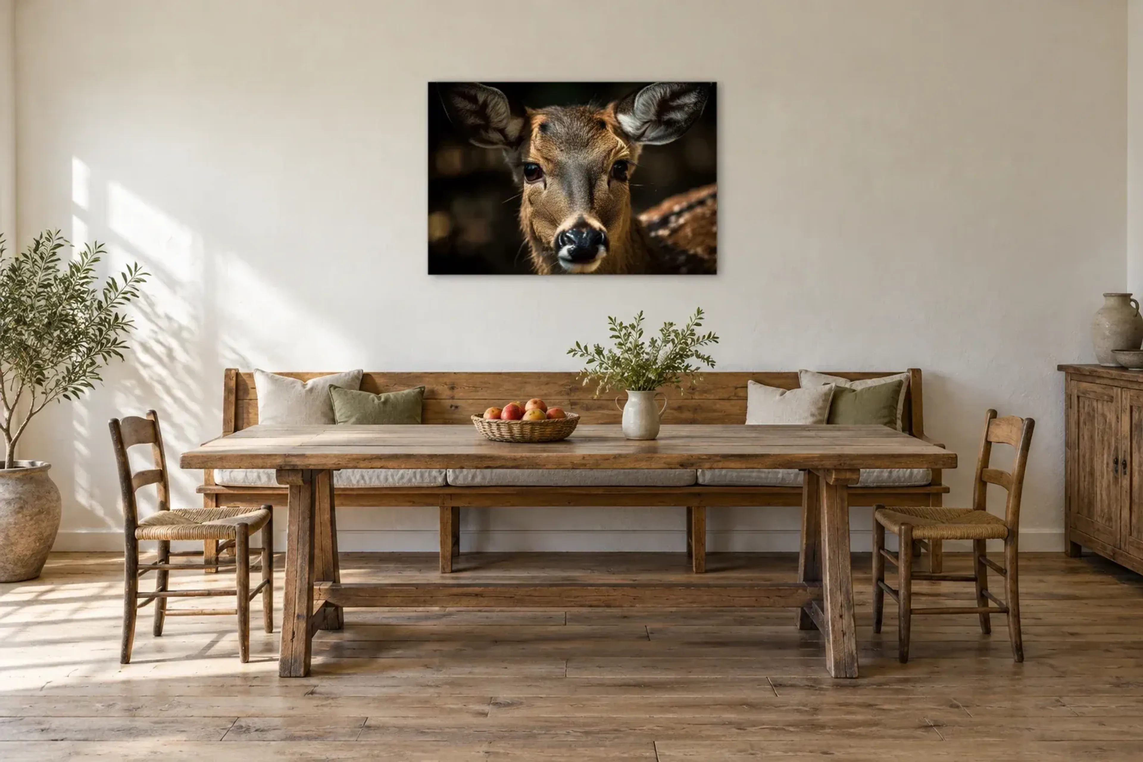 Hirschkuh Portrait als Wandbild über einer 200-cm-Sitzbank